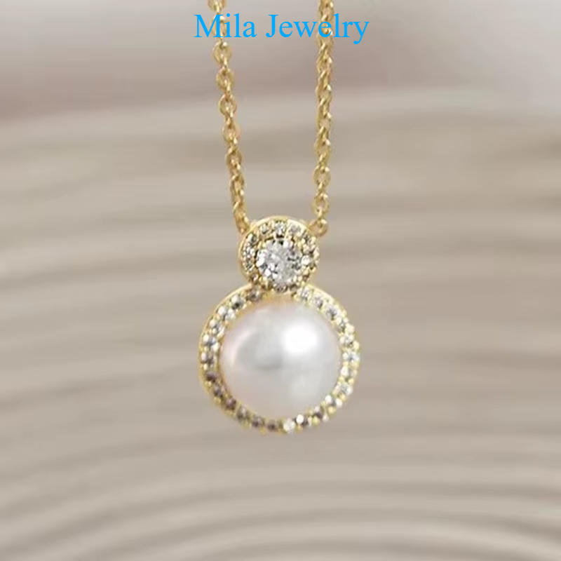 Huitan Aesthetic Imitation Pearl Pendant Necklace with Shiny CZ Trendy Graceful Accessories for Women Chic Engagement Jewelry