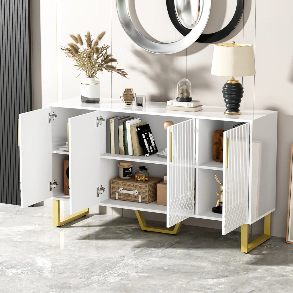 Wooden Aura Sideboard 140 cm White High Gloss 4 Doors & Golden Metal Feet-Kitchen wardrobe Buffet Storage for living room