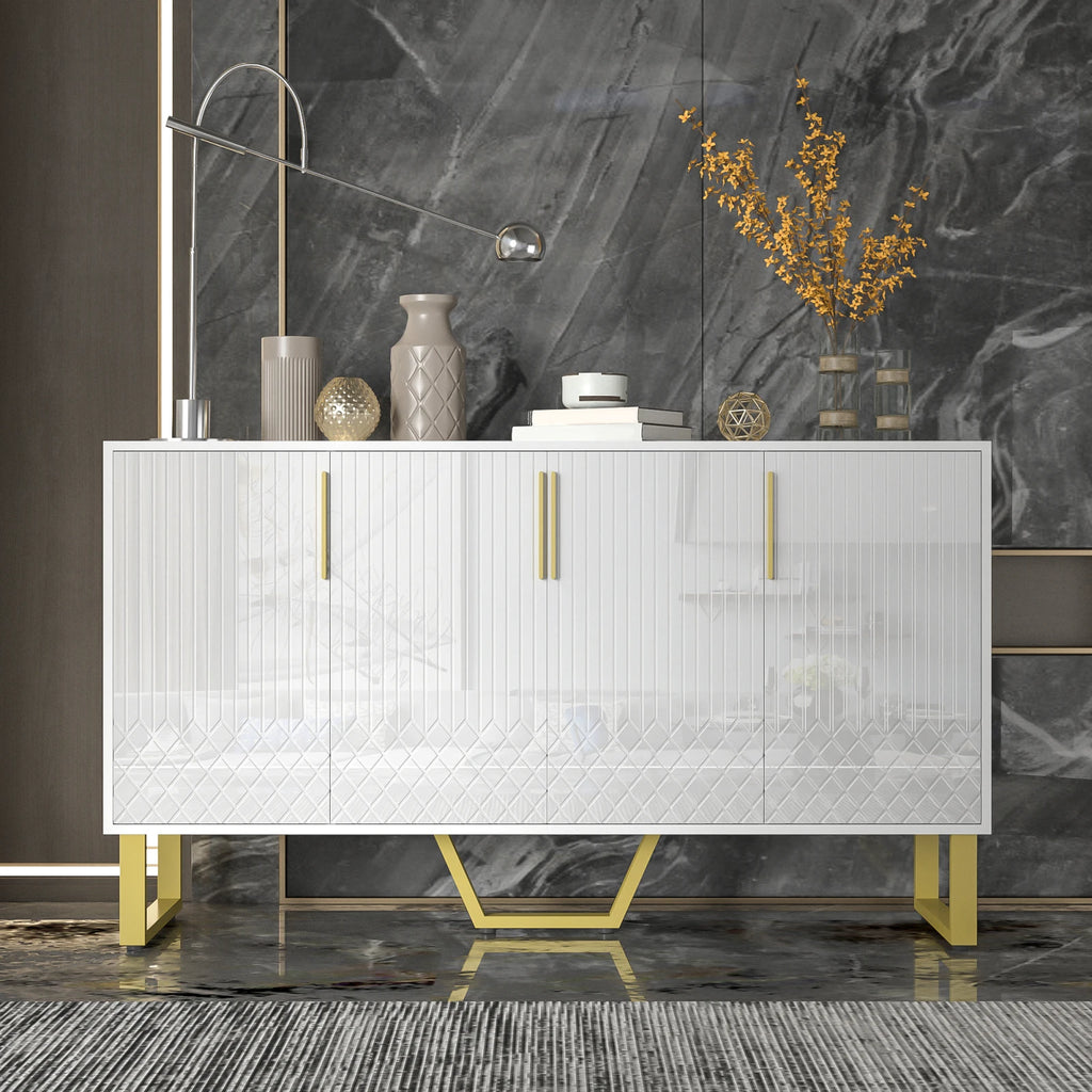 Wooden Aura Sideboard 140 cm White High Gloss 4 Doors & Golden Metal Feet-Kitchen wardrobe Buffet Storage for living room
