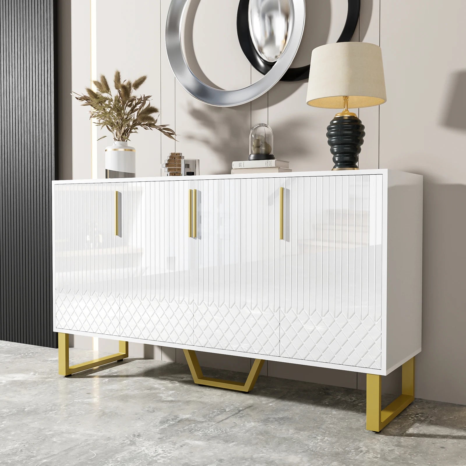 Wooden Aura Sideboard 140 cm White High Gloss 4 Doors & Golden Metal Feet-Kitchen wardrobe Buffet Storage for living room