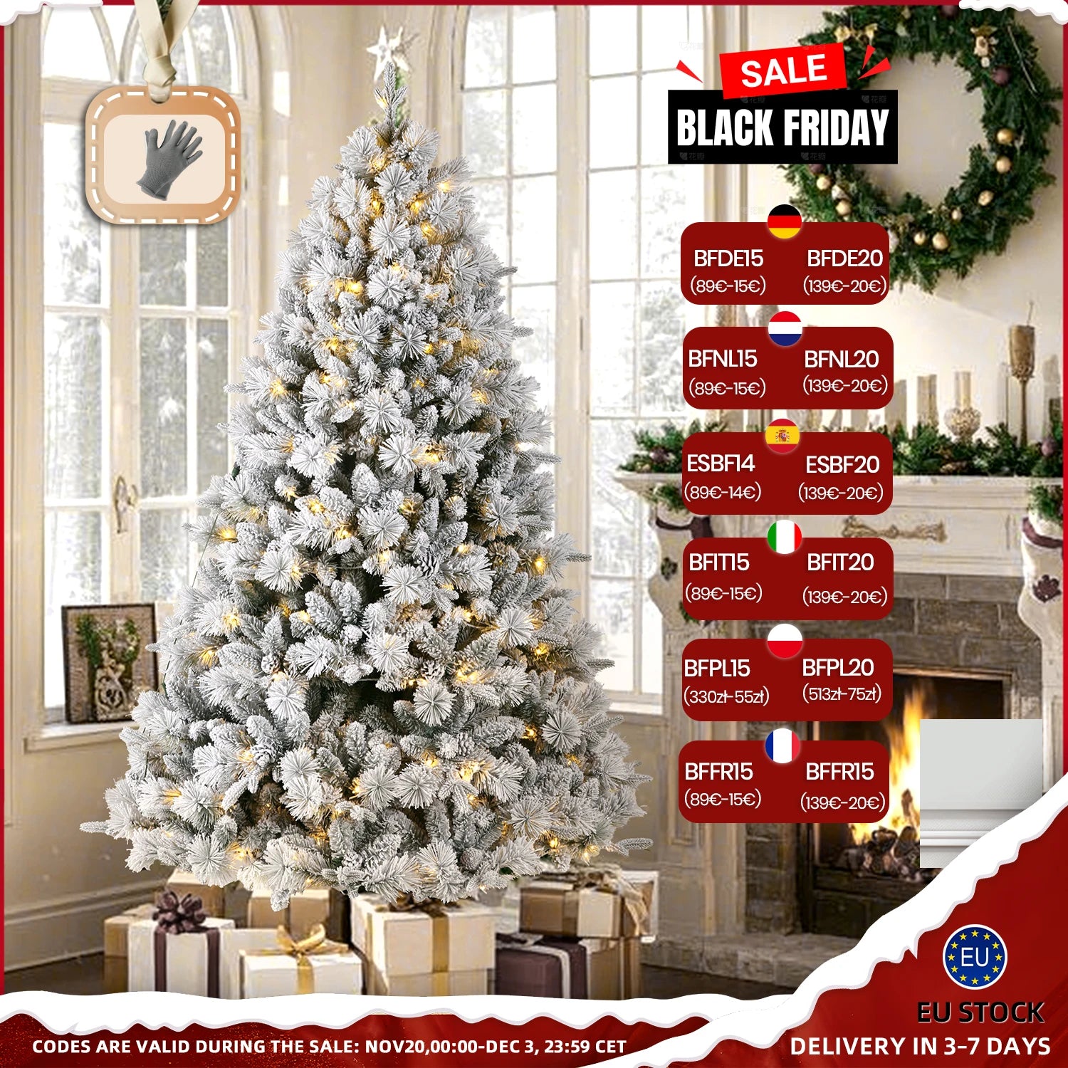 180/210/235cm White Snow Artificial Christmas Tree with 260/360/460 LEDs,1030/1448/1590 Tips,PVC+PE,Metal Stand,Party Decoration