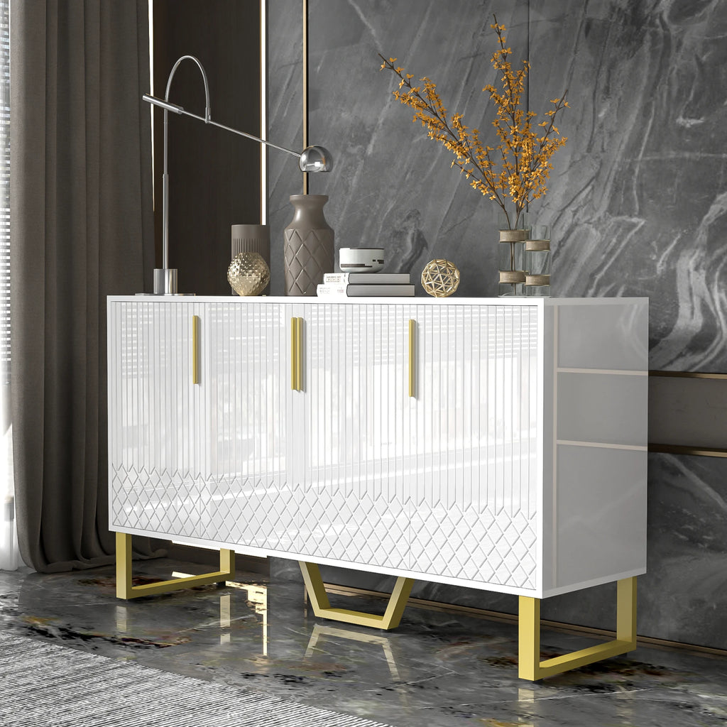 Wooden Aura Sideboard 140 cm White High Gloss 4 Doors & Golden Metal Feet-Kitchen wardrobe Buffet Storage for living room