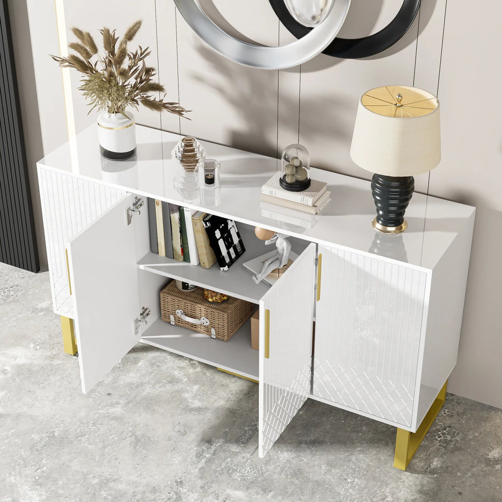 Wooden Aura Sideboard 140 cm White High Gloss 4 Doors & Golden Metal Feet-Kitchen wardrobe Buffet Storage for living room