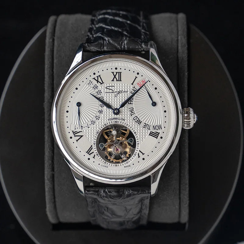Sugess Tourbillon Mens Wrist Watches Mechanical Hand Wind Watch Original 8004 Movement Date Skeleton Functions Crocodile Leather
