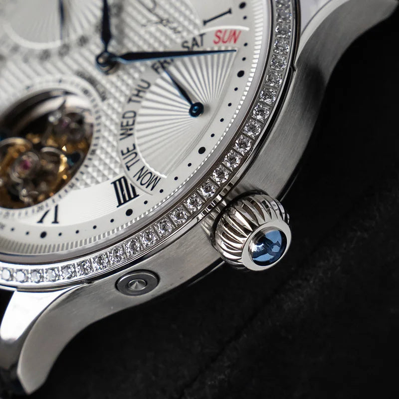 Sugess Tourbillon Mens Wrist Watches Mechanical Hand Wind Watch Original 8004 Movement Date Skeleton Functions Crocodile Leather