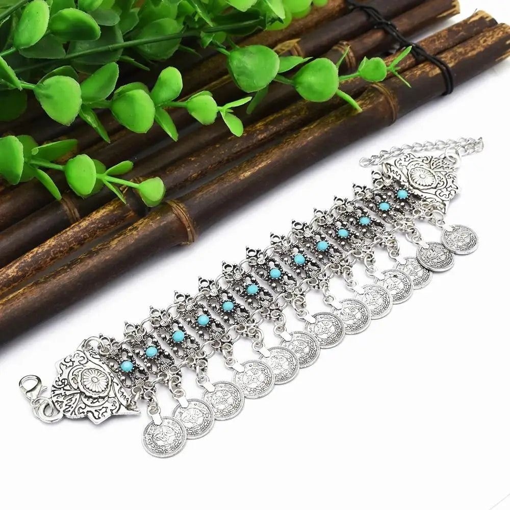 Vintage silver coin bracelet for women, featuring a boho beach, Turkish, ethnic, tribal, elegant design; vintage Tibetan bangles; Indian jewelry.
