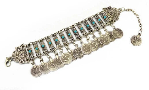 Vintage silver coin bracelet for women, featuring a boho beach, Turkish, ethnic, tribal, elegant design; vintage Tibetan bangles; Indian jewelry.