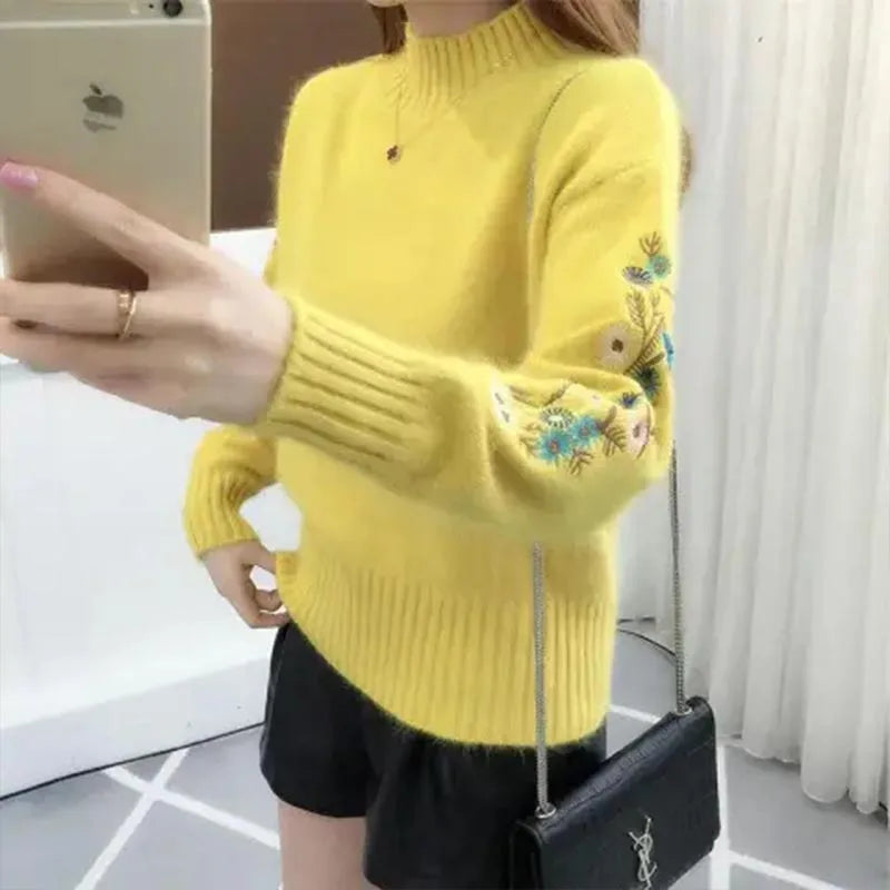 Autumn Winter 2025 New Embroidered Sleeves with Long Sleeves Knit Pullover Women Clothing Vintage All-match O-neckLoose Sweaters