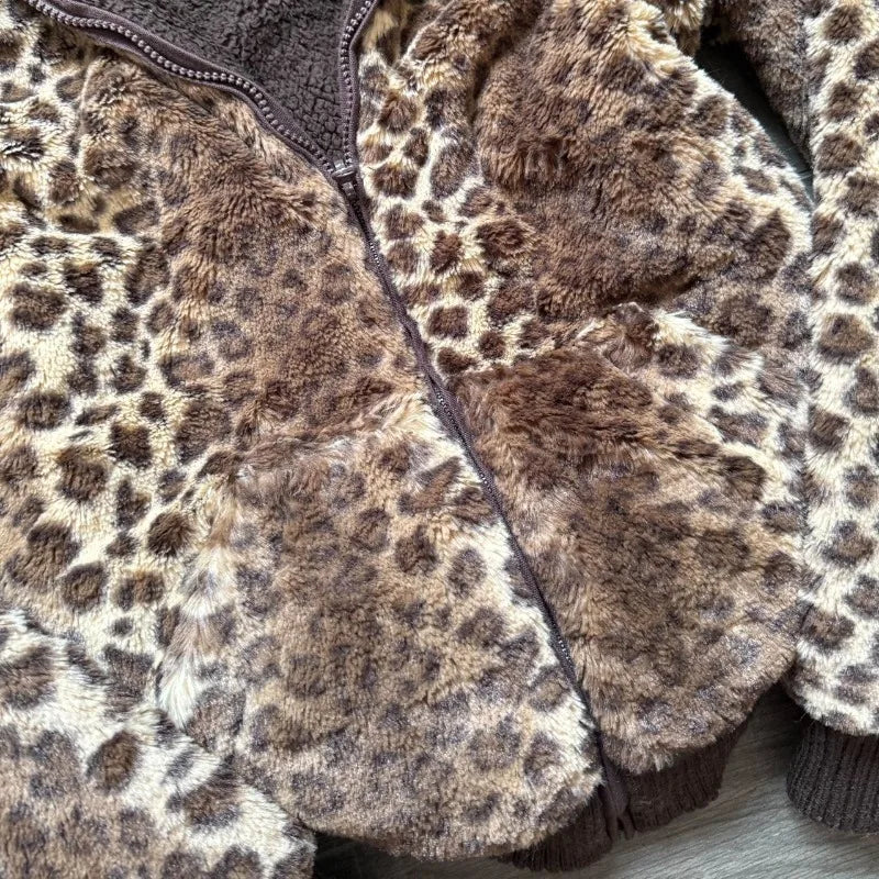 Winter New Fashion Leopard Print Plus Velvet Padded Cotton-padded Jacket Coat Women Y2K Street Vintage Hiphop Popular Casual Top