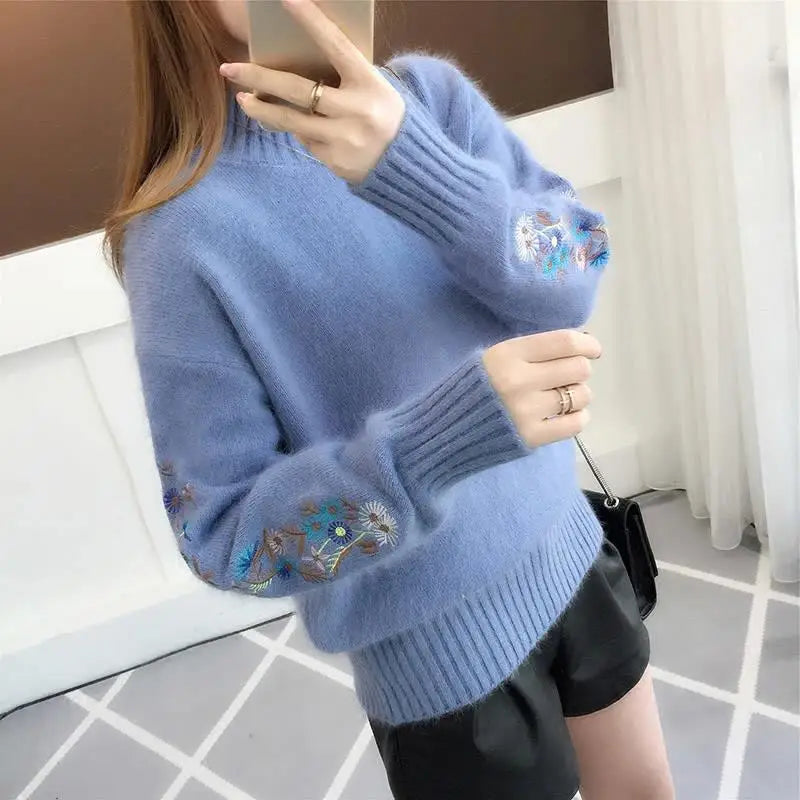 Autumn Winter 2025 New Embroidered Sleeves with Long Sleeves Knit Pullover Women Clothing Vintage All-match O-neckLoose Sweaters