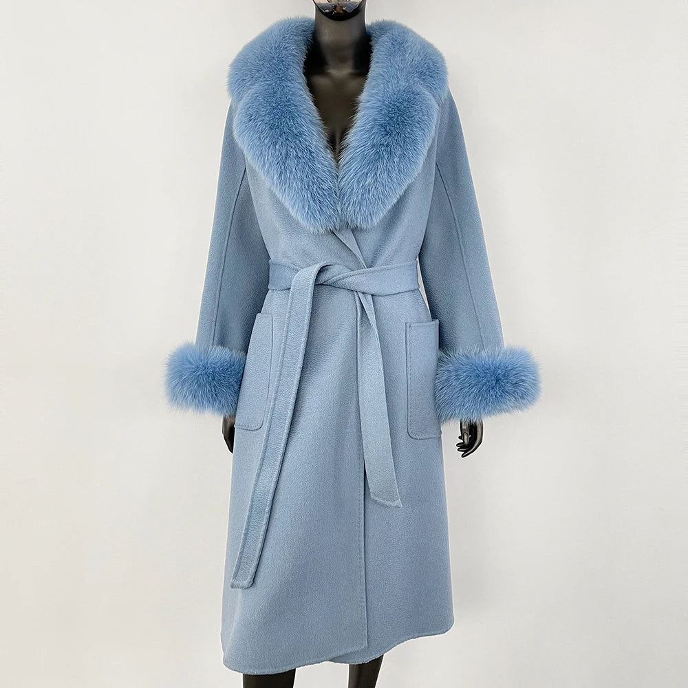 100% Wool Water-Corrugated Woolen Coat with Detachable Fox Fur Collar Women Daily Casual Wear 2024 Autumn Winter Original Design