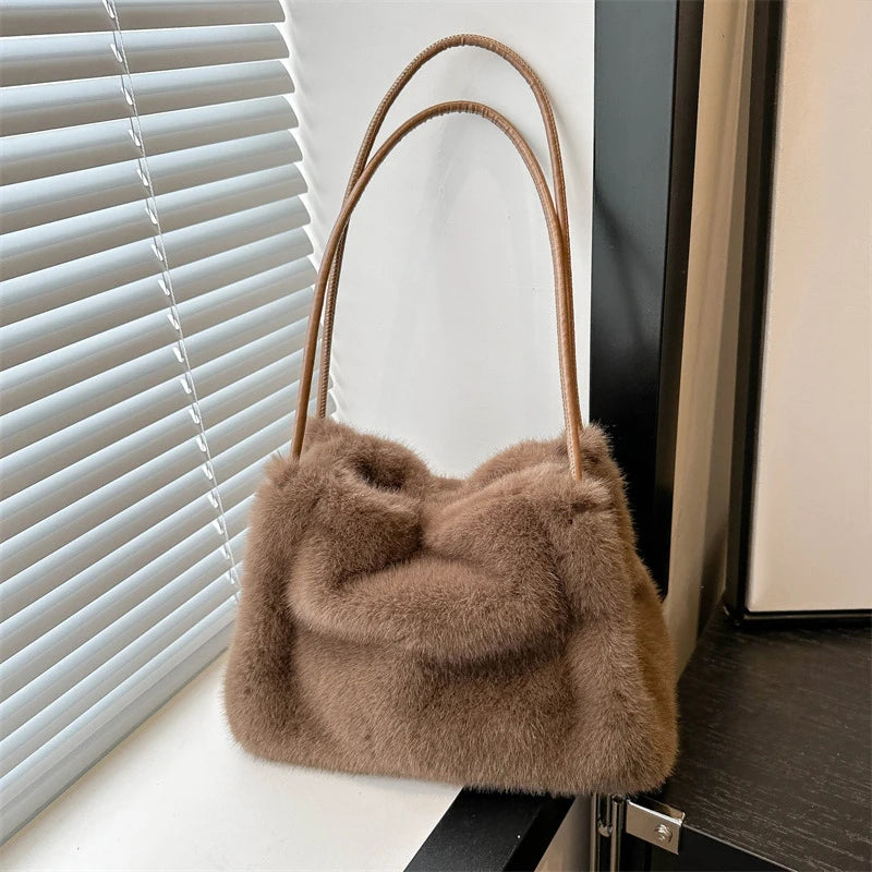 Female Autumn Winter Plush Handbag Versatile Solid Color Chain Crossbody Shopping Bag Women New Design Chain Messenger Bags