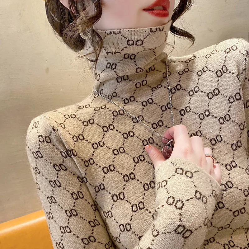 Autumn Winter New Vintage All-match Long Sleeve Half High Collar Sweaters Women Clothing Fashion Slim Geometric Knitted Pullover