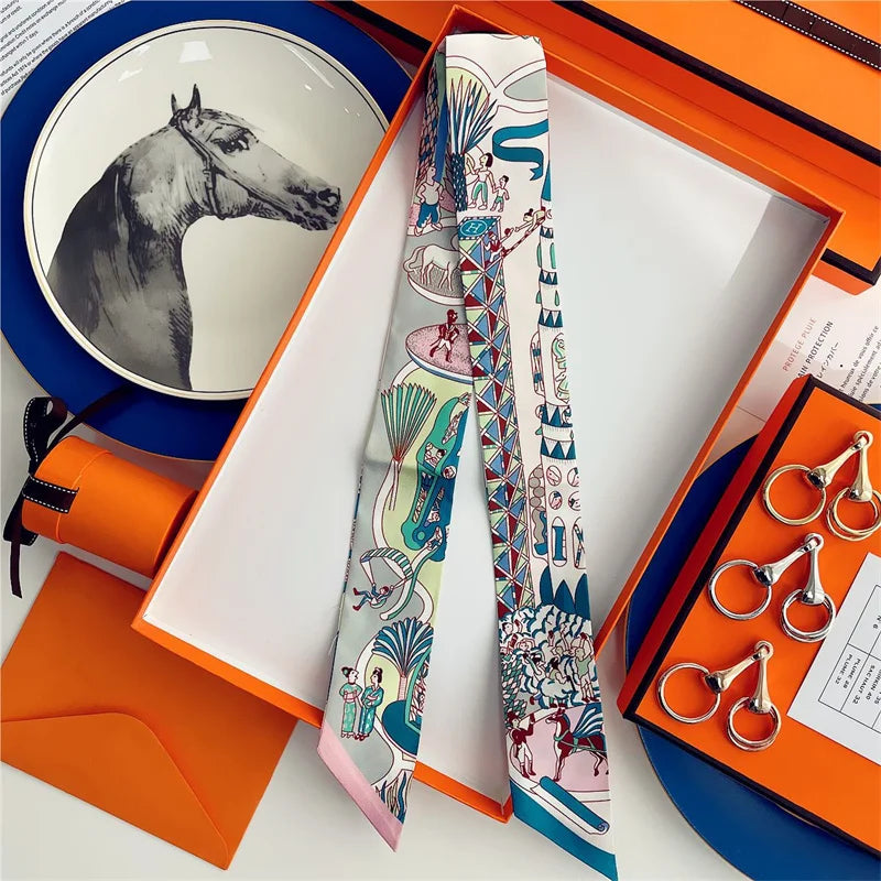 100% Silk High Quality Luxury Brand Scarf Women Headband Hair Band Foulard Tie Ribbon Neckerchief Skinny Scarves Accessories