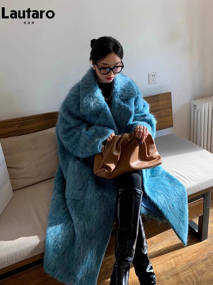Lautaro Winter Long Blue Fluffy Oversized Warm Wool & blends Coat for Women Single Button Pockets Luxury Clothes Woolen Overcoat