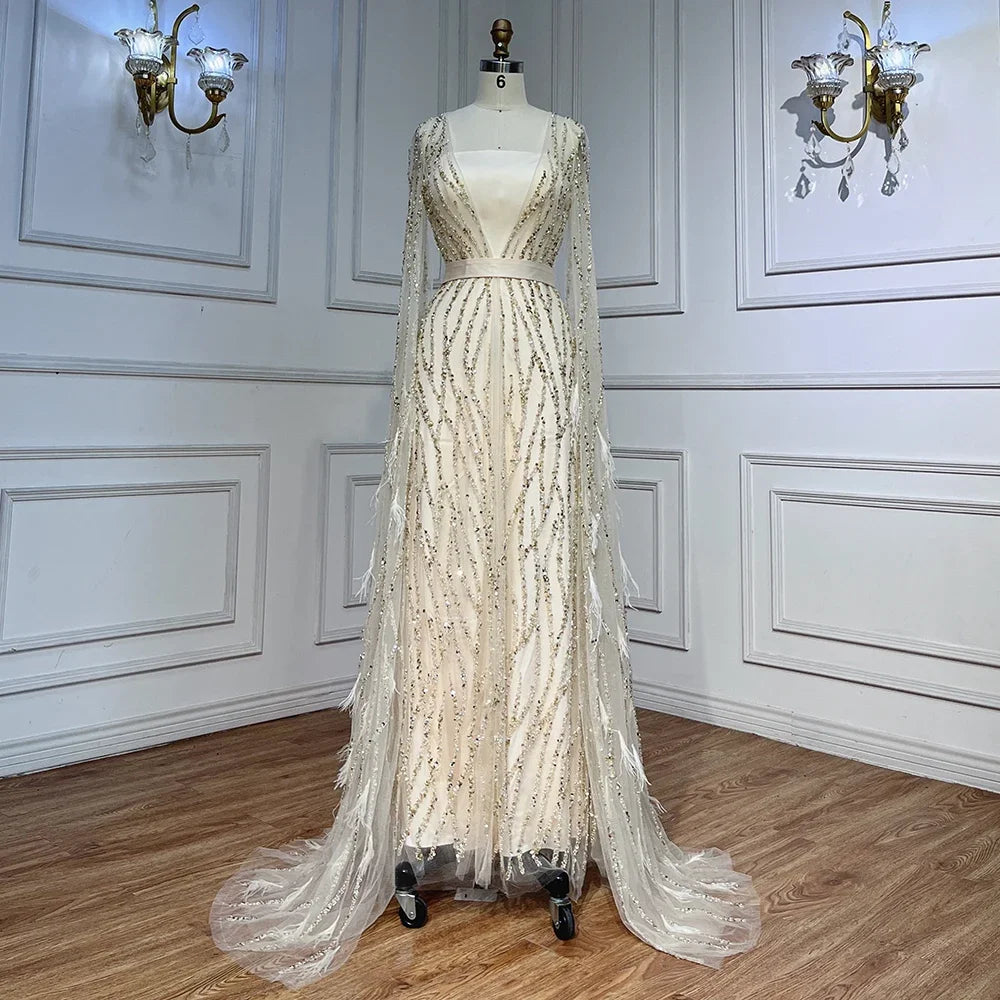 Serene Hill Blue Mermaid Elegant Feathers Cape Sleeves Square Beaded Luxury Evening Dresses Gowns Customized 2025 GLA71748