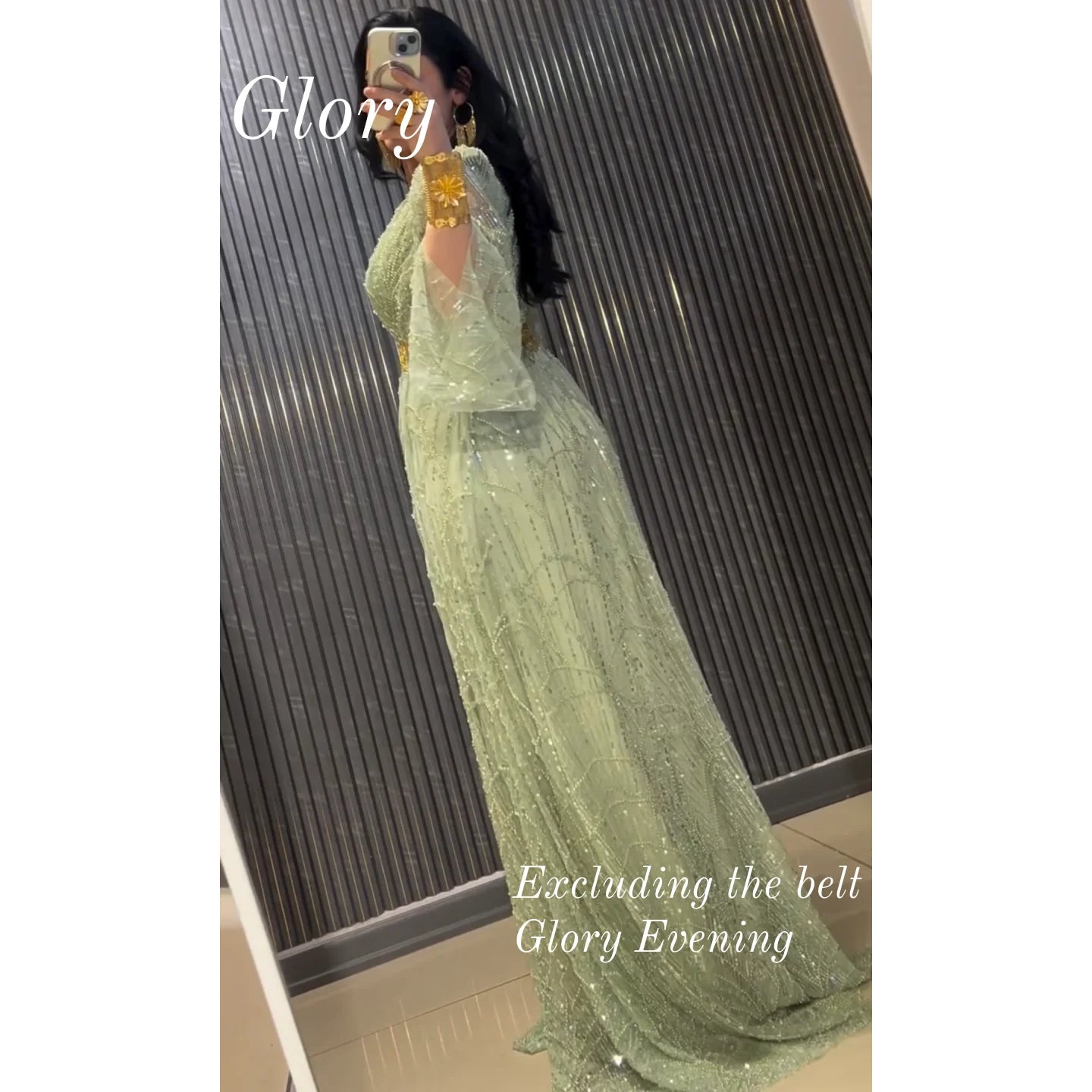 Gorgeous Evening Party Dresses Long Sleeves Green Beadings Temperament Prom Dress Saudi Arabia Women's Wedding Dress Customized