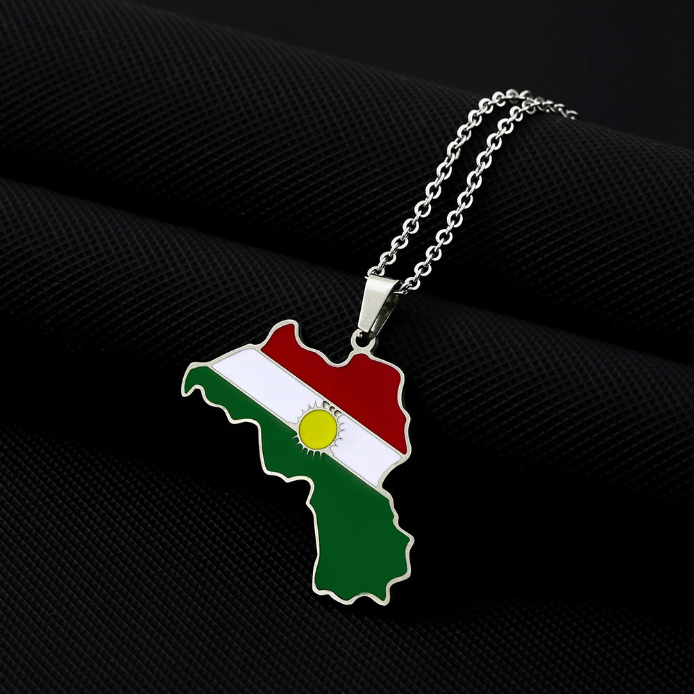 Kurdistan Map Flag Pendant Necklace Stainless Steel Gold Silver Color Men Women Country Map Jewelry Gift