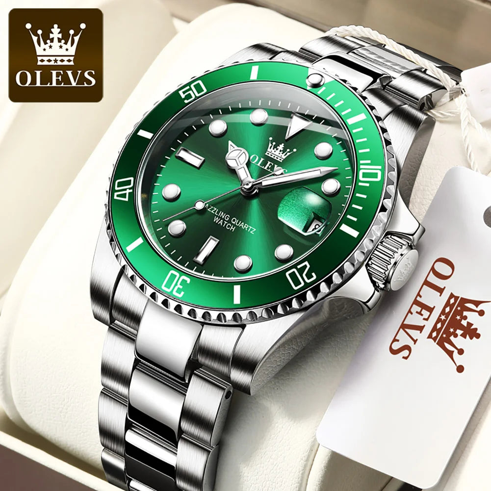 OLEVS 5885 Men's Watches Business Stainless Steel Strap Green Quartz Watch Waterproof Calendar Luminous High Quality Wristwatch
