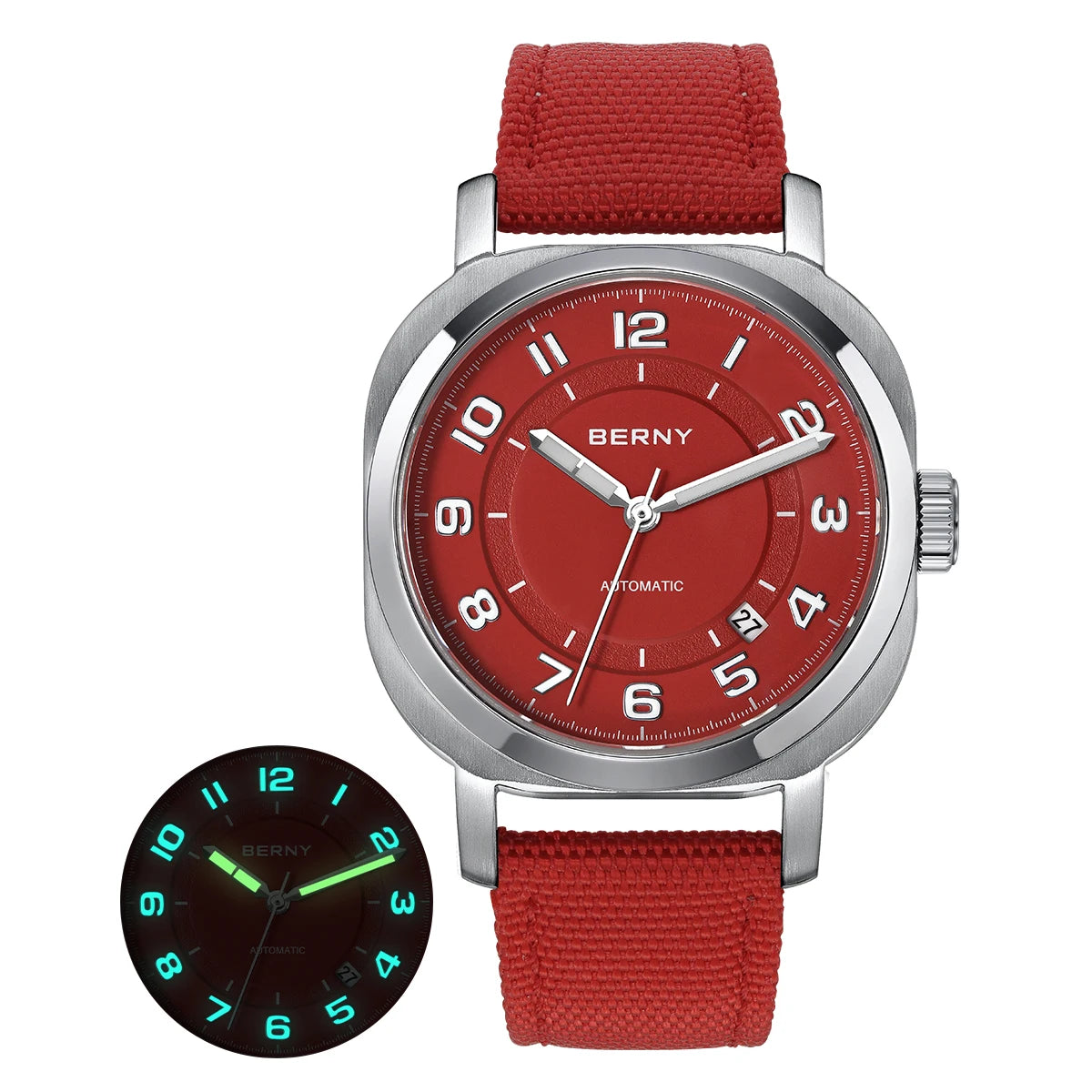 BERNY Mechanical Watch for Women Self-wind Pillow Cushion Sapphire Super Luminous Wristwatch Canvas Calendar Watch for Ladies