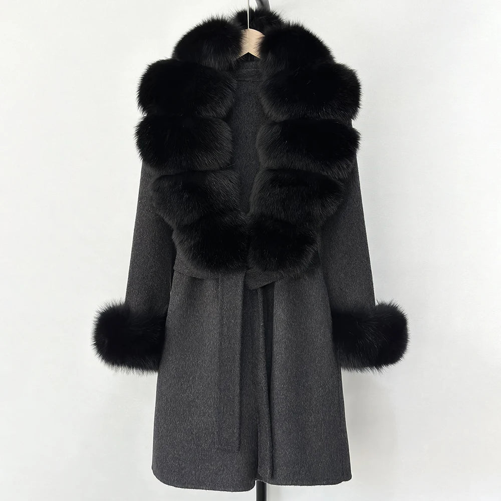 Elegant Woolen Jacket Autumn Winter Wool Coat Women Real Fox Fur Collar Single Breasted Wool Blends Jacket Natural Raccoon Fur