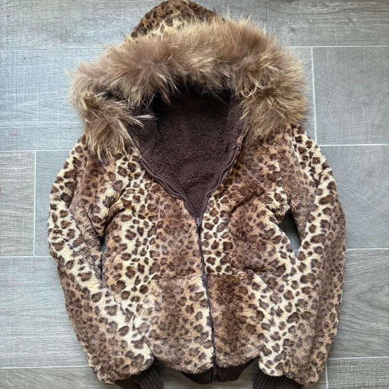 Winter New Fashion Leopard Print Plus Velvet Padded Cotton-padded Jacket Coat Women Y2K Street Vintage Hiphop Popular Casual Top