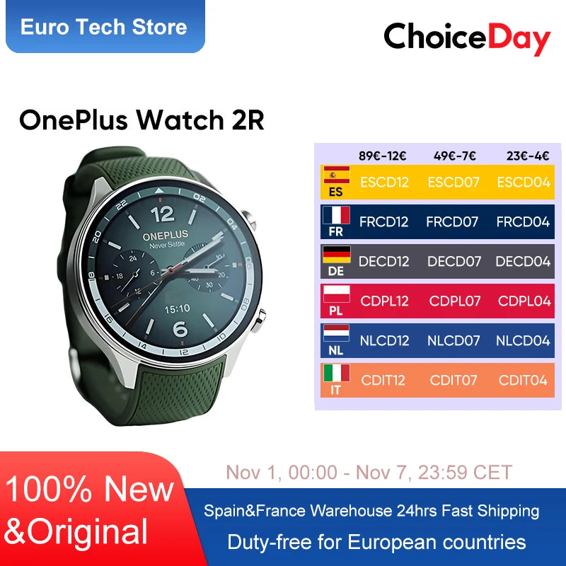 2024 Smartwatch OnePlus Watch 2R 1.43'' AMOLED Screen Snapdragon W5 Gen 1+BES2700 100H Battery Life WiFi Wear OS by Google GPS