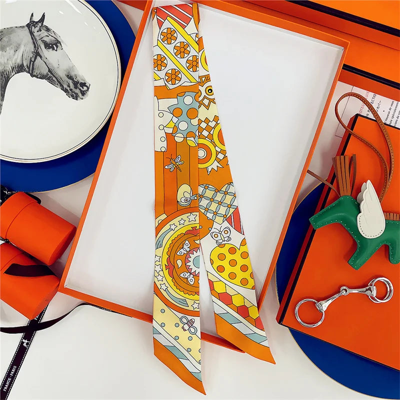 100% Silk High Quality Luxury Brand Scarf Women Headband Hair Band Foulard Tie Ribbon Neckerchief Skinny Scarves Accessories