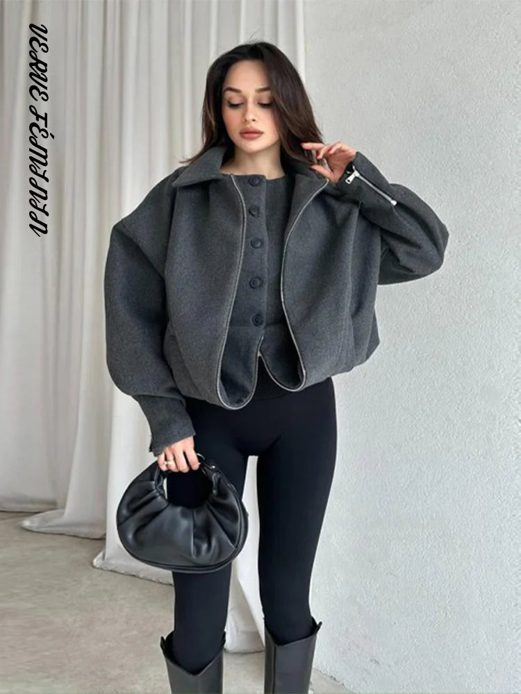 Patchwork Reversible Vest Coats Women Luxury Faux Cashmere Lantern Sleeve Loose Bomber Jacket Autumn Winter Versatile Outerwears