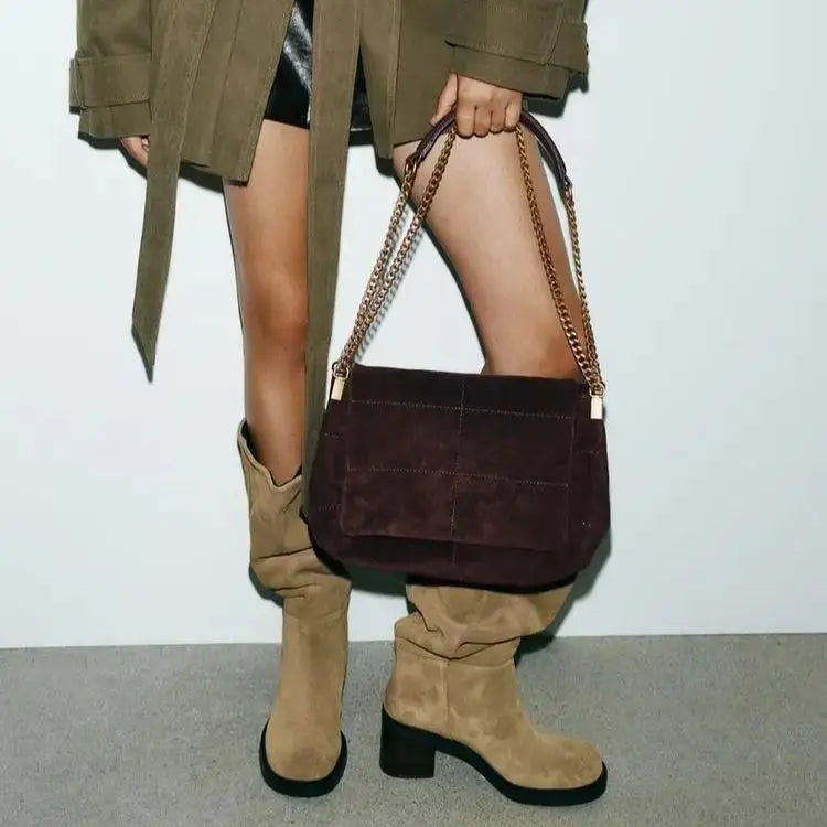 Women's Suede Shoulder Bag with Chains, Vintage Quilted Sling Bag, New Fashion Luxury Design Handbags for Ladies