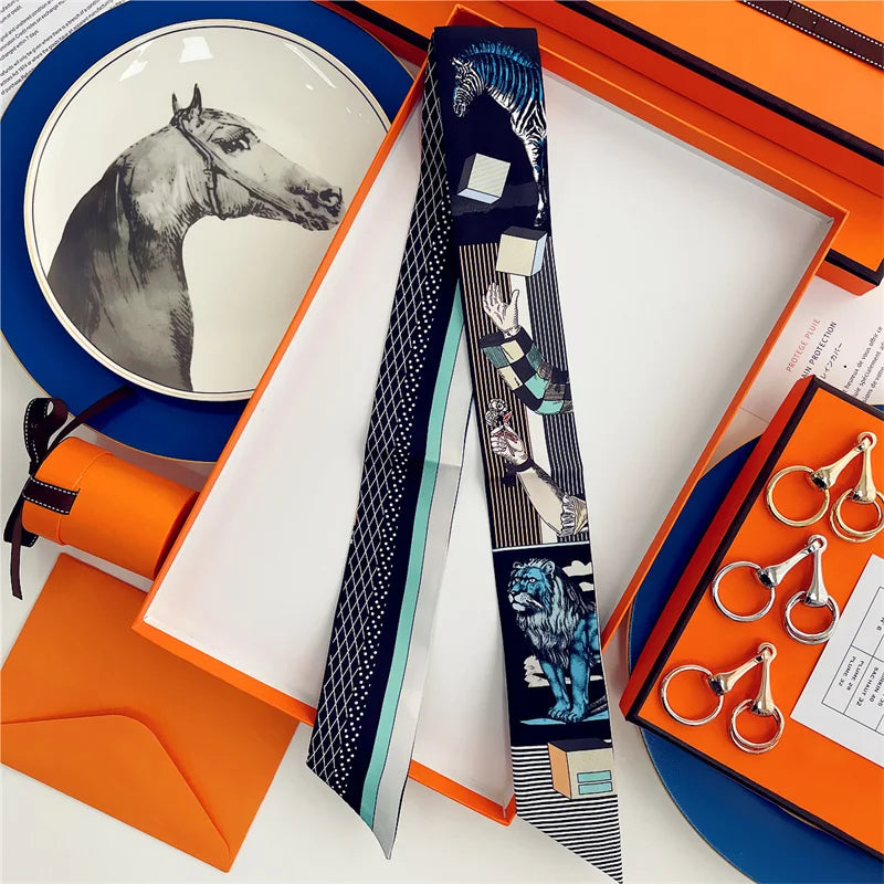 100% Silk High Quality Luxury Brand Scarf Women Headband Hair Band Foulard Tie Ribbon Neckerchief Skinny Scarves Accessories