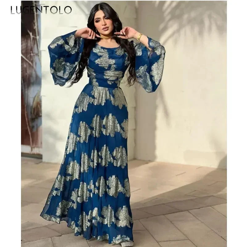 Women Party Dress Long Sleeve Sequins Chiffon Spring Summer Empire Lady Vintage Big Swing Elegant Dance Maxi Dresses