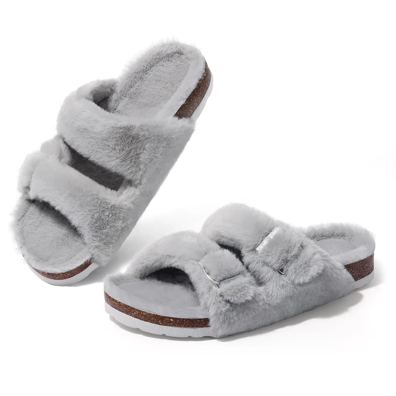 Litfun Winter Women's Fluffy Cork Slippers Comfy Arch Support Fuzzy Slippers Open Toe Plush House Slides With Adjustable Buckle