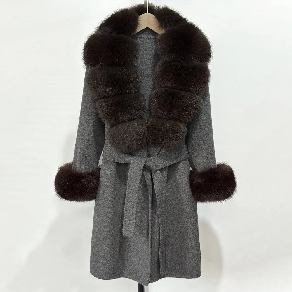 Elegant Woolen Jacket Autumn Winter Wool Coat Women Real Fox Fur Collar Single Breasted Wool Blends Jacket Natural Raccoon Fur