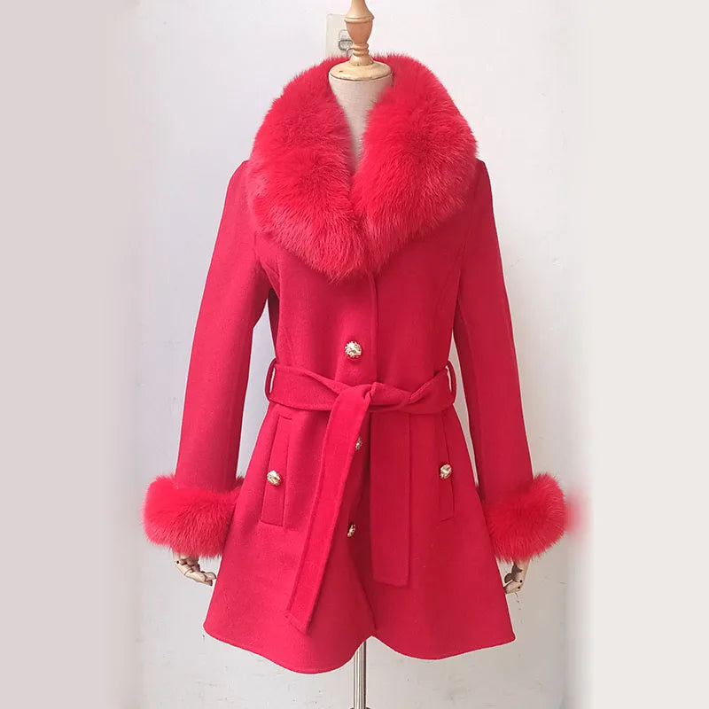 2023 Winter Real Fox Fur Coat Women Wool Jacket With Natural Fox Fur Collar Slim Female Woolen Cashmere Outwear
