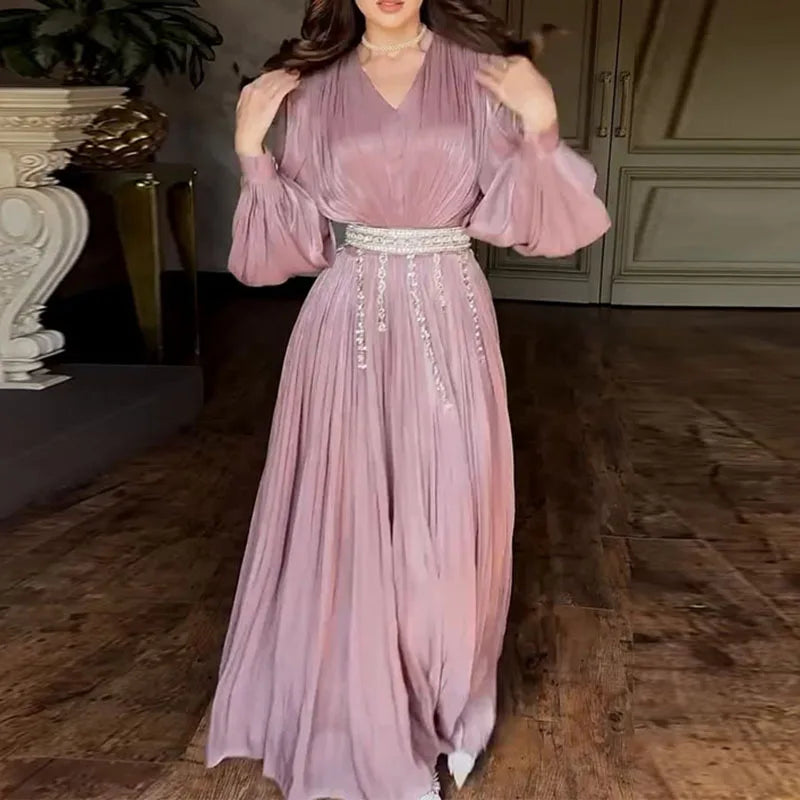 Lady Lantern Sleeve Big Hem Dresses Fashion V-neck Ruffles Gauze Evening Dress Temperament High Waist Solid Color Banquet Dress