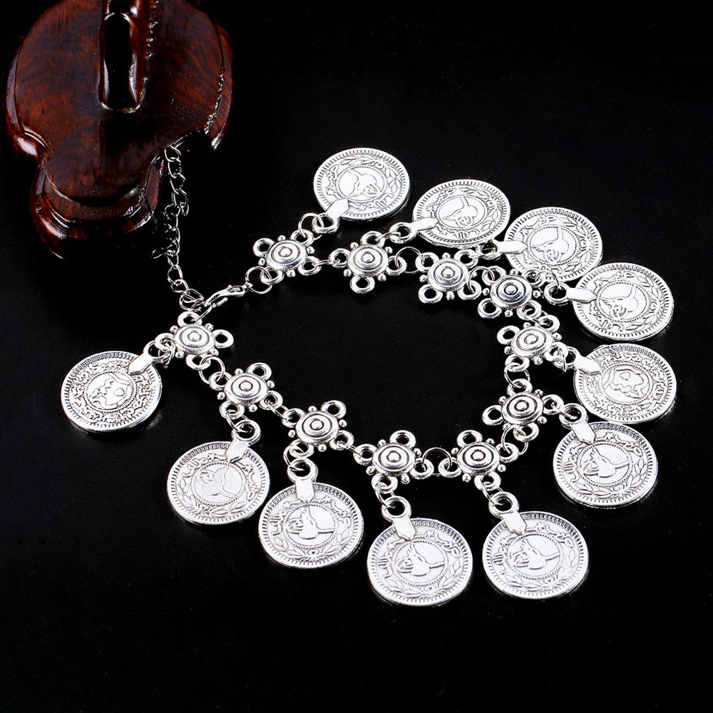 Vintage Coins Tassel Bracelet Anklet for Women Boho Gypsy Indian Ethnic Tribal Festival Statement Bangles Afghan Turkish Jewelry