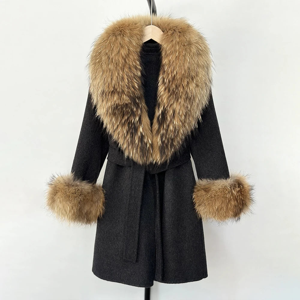 Elegant Woolen Jacket Autumn Winter Wool Coat Women Real Fox Fur Collar Single Breasted Wool Blends Jacket Natural Raccoon Fur