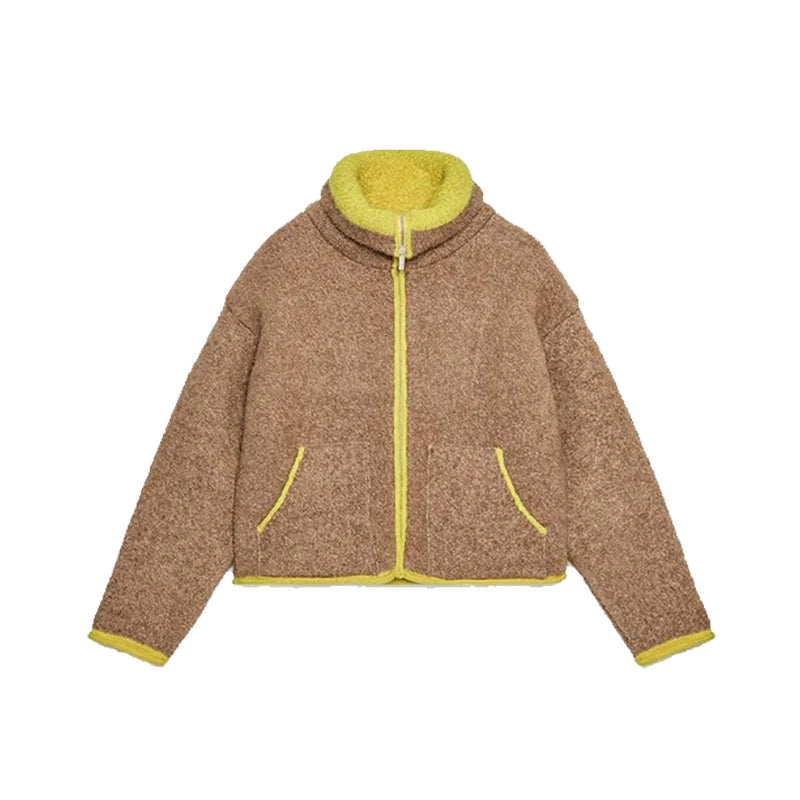 Fashion Contrast Stand Neck Jacket Women Zipper Pocket Full Sleeve Bomber Jackets Lady New Autumn Winter Casual Street Outwear