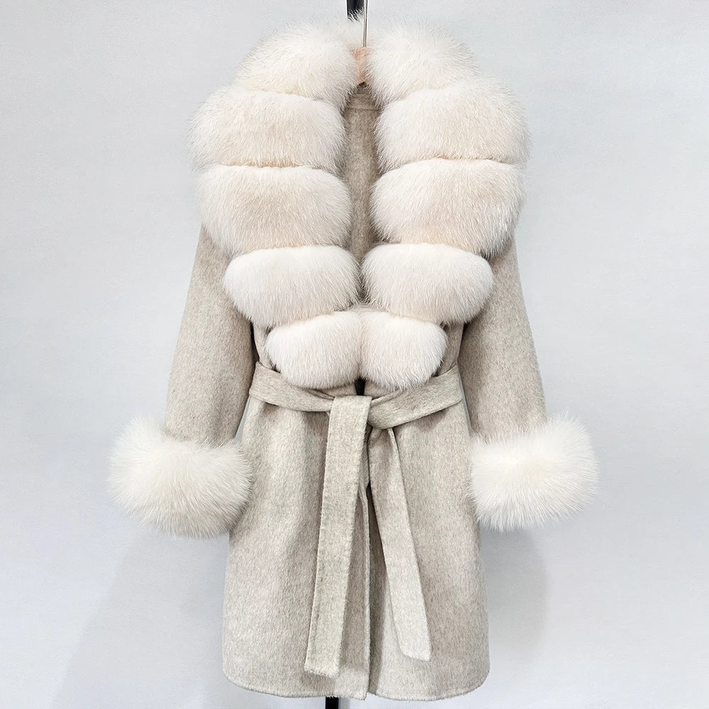 Elegant Woolen Jacket Autumn Winter Wool Coat Women Real Fox Fur Collar Single Breasted Wool Blends Jacket Natural Raccoon Fur