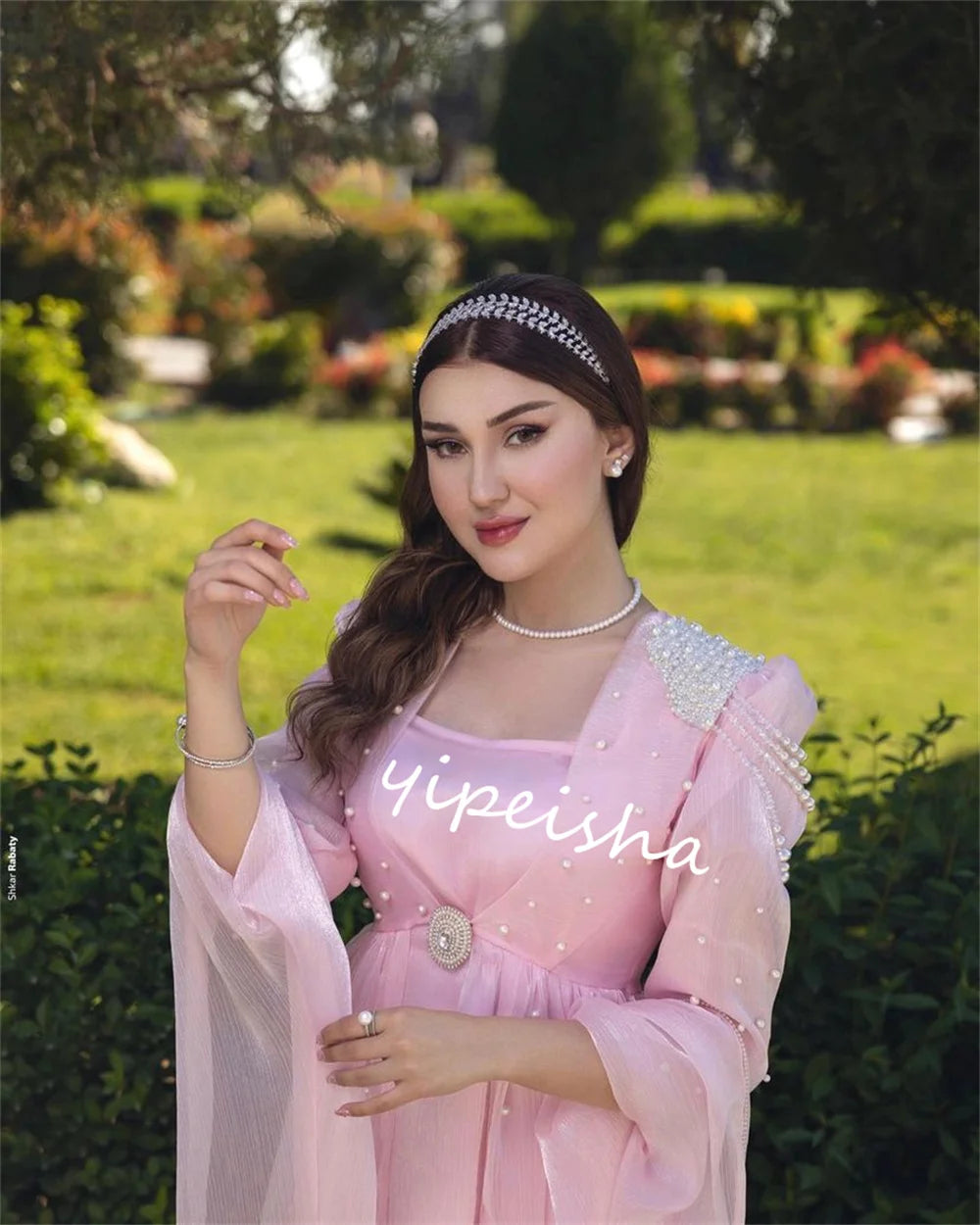 Customized  Evening Organza Pearl Beading Prom A-line Square Neck Bespoke Occasion Gown Long Dresses  Sexy Casual