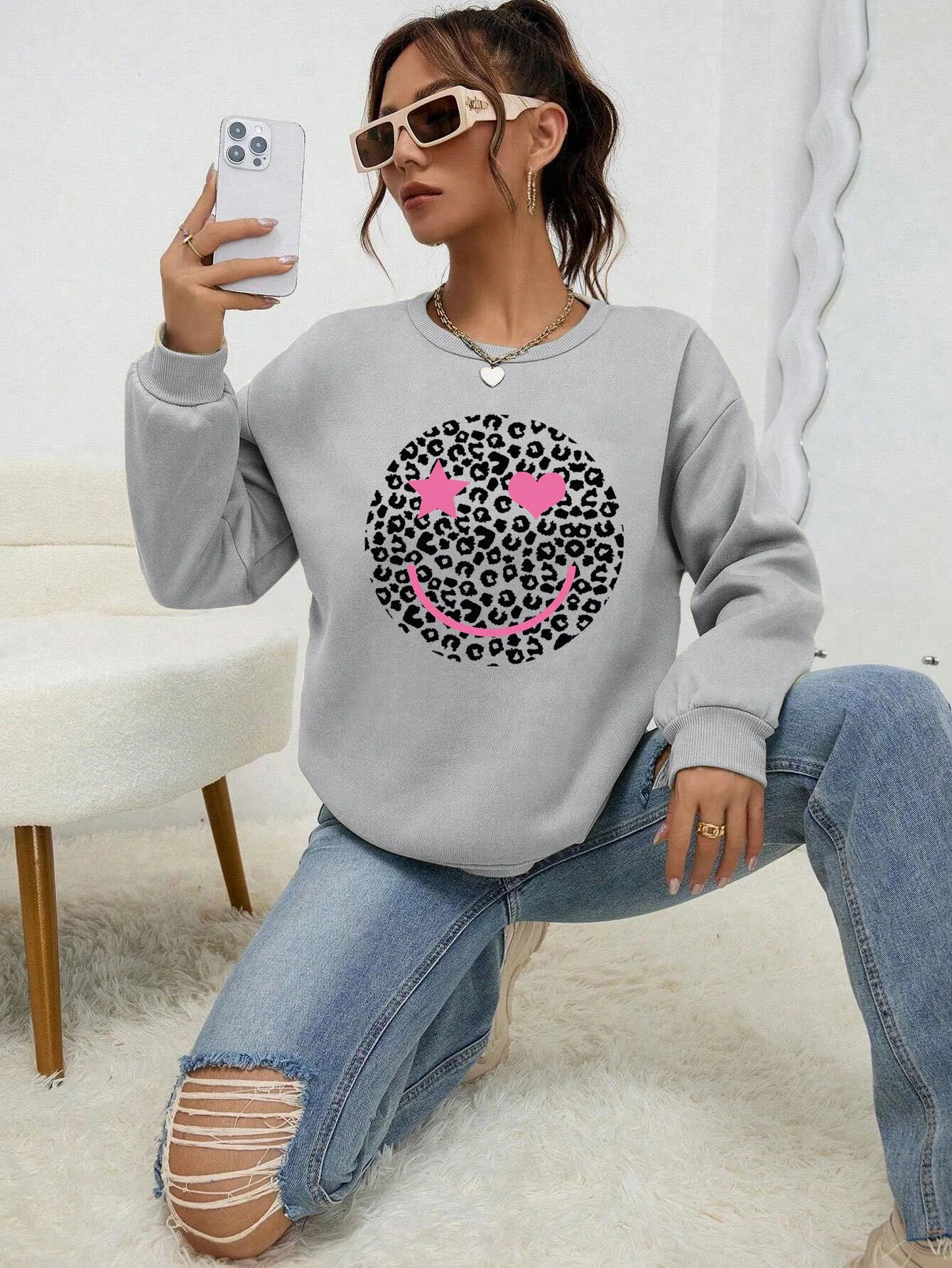 Leopard Print Happy Face Love  Printed Sweatshirt Womens Autumn Soft Hoody Fleece Warm Hoodies Street All-Match Female Pullover