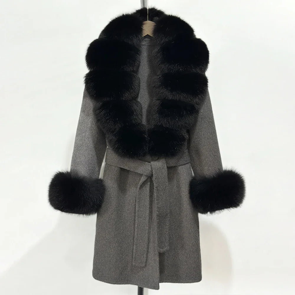Elegant Woolen Jacket Autumn Winter Wool Coat Women Real Fox Fur Collar Single Breasted Wool Blends Jacket Natural Raccoon Fur