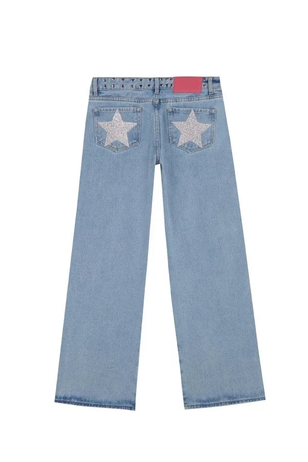 Y2K Vintage Jeans Flash Silver Star Pattern Metal Rivet Jeans Female Baggy Casual Straight Leg Denim Pants Simple Women Clothing