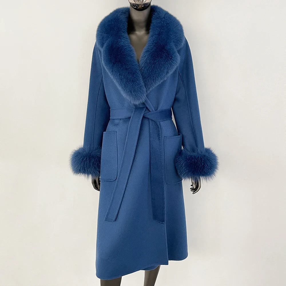 100% Wool Water-Corrugated Woolen Coat with Detachable Fox Fur Collar Women Daily Casual Wear 2024 Autumn Winter Original Design