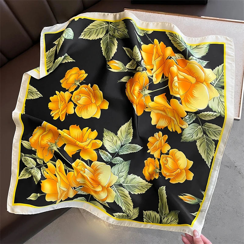 70cm Square Lemon Print Yellow Square Silk Scarf Casual Elegant Thin Breathable Neck Women Windproof Head Wrap Hair Scarves
