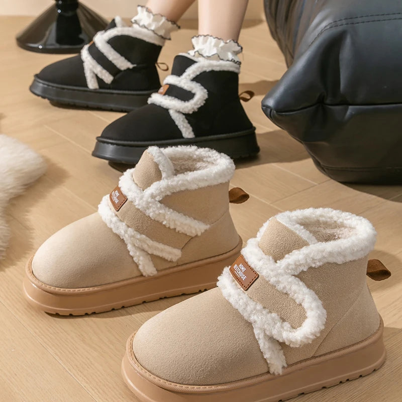 Thick Soled Snow Boots For Women Fluffy Plush Faux Fur Soft Slippers Winter Indoor Comfortable Home Non-slip Cotton Shoes