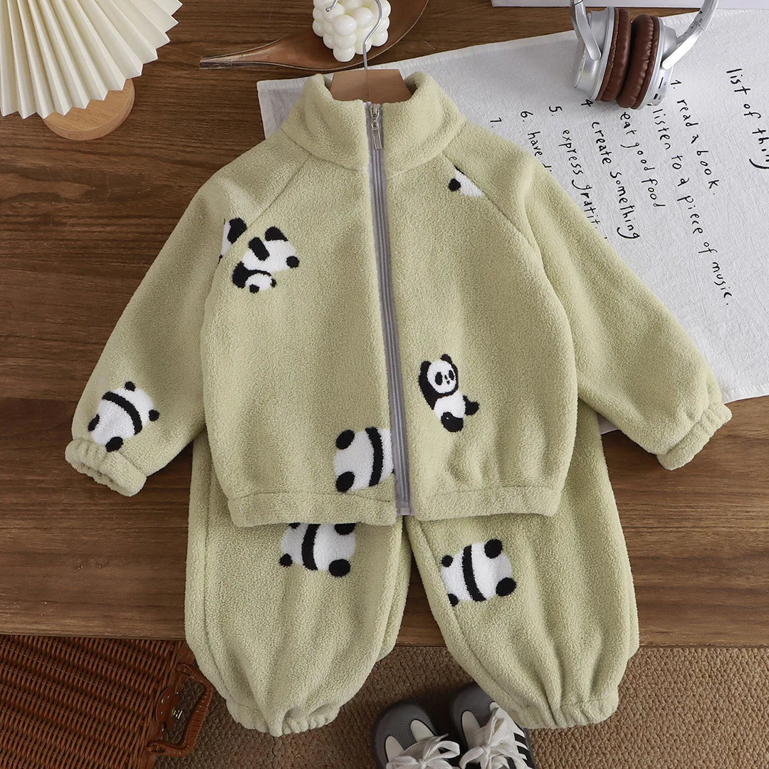 Baby Boy Girl Plush Fleece Tracksuit Sets 1-8Y Thickened Warm Cartoon Print Zipper Jacket Pants 2Pcs Kids Autumn Winter Outfit