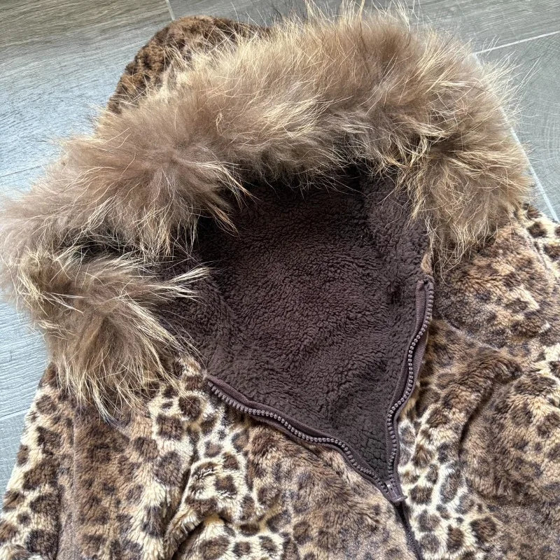 Winter New Fashion Leopard Print Plus Velvet Padded Cotton-padded Jacket Coat Women Y2K Street Vintage Hiphop Popular Casual Top