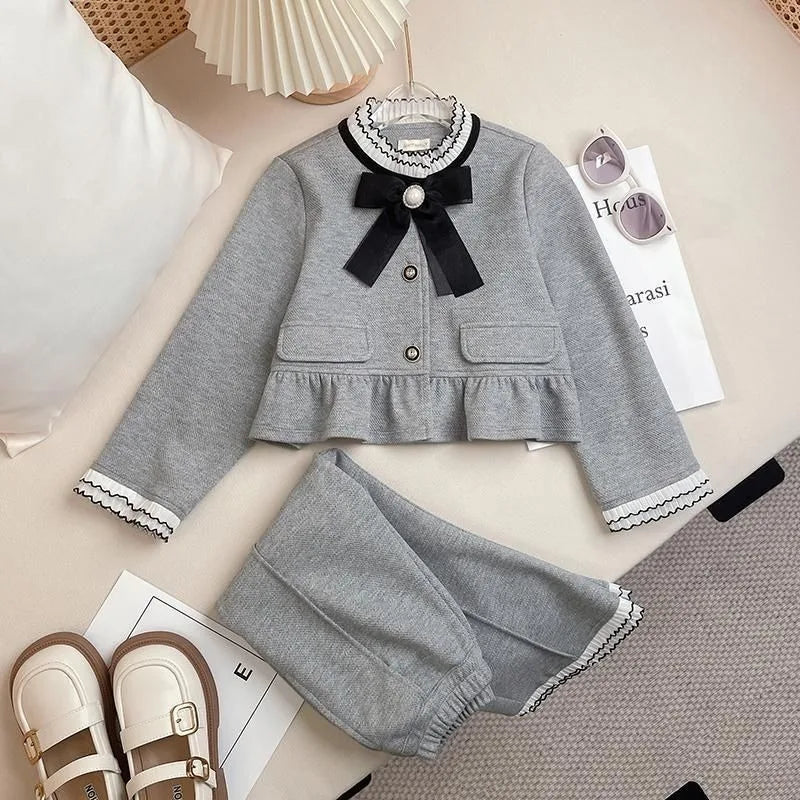 Bow Top and Bell-bottom Pants Coat Autumn Winter Suit for Girls Girls' Clothes Set Fashion Children's Clothing Girl Setup Outfit